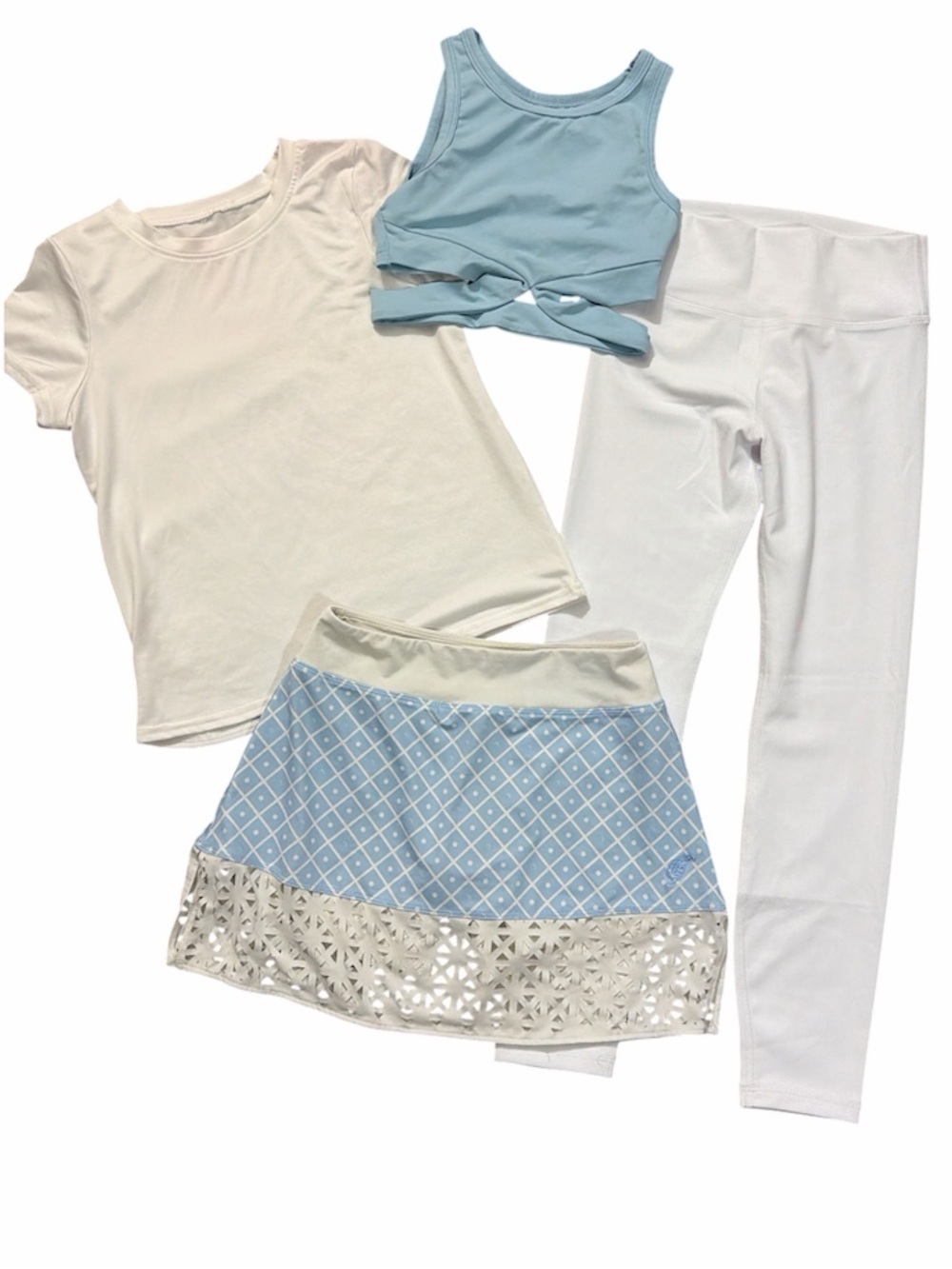NWOT/EUC baby blue & white athletic tops, leggings and tennis skirt 7/8